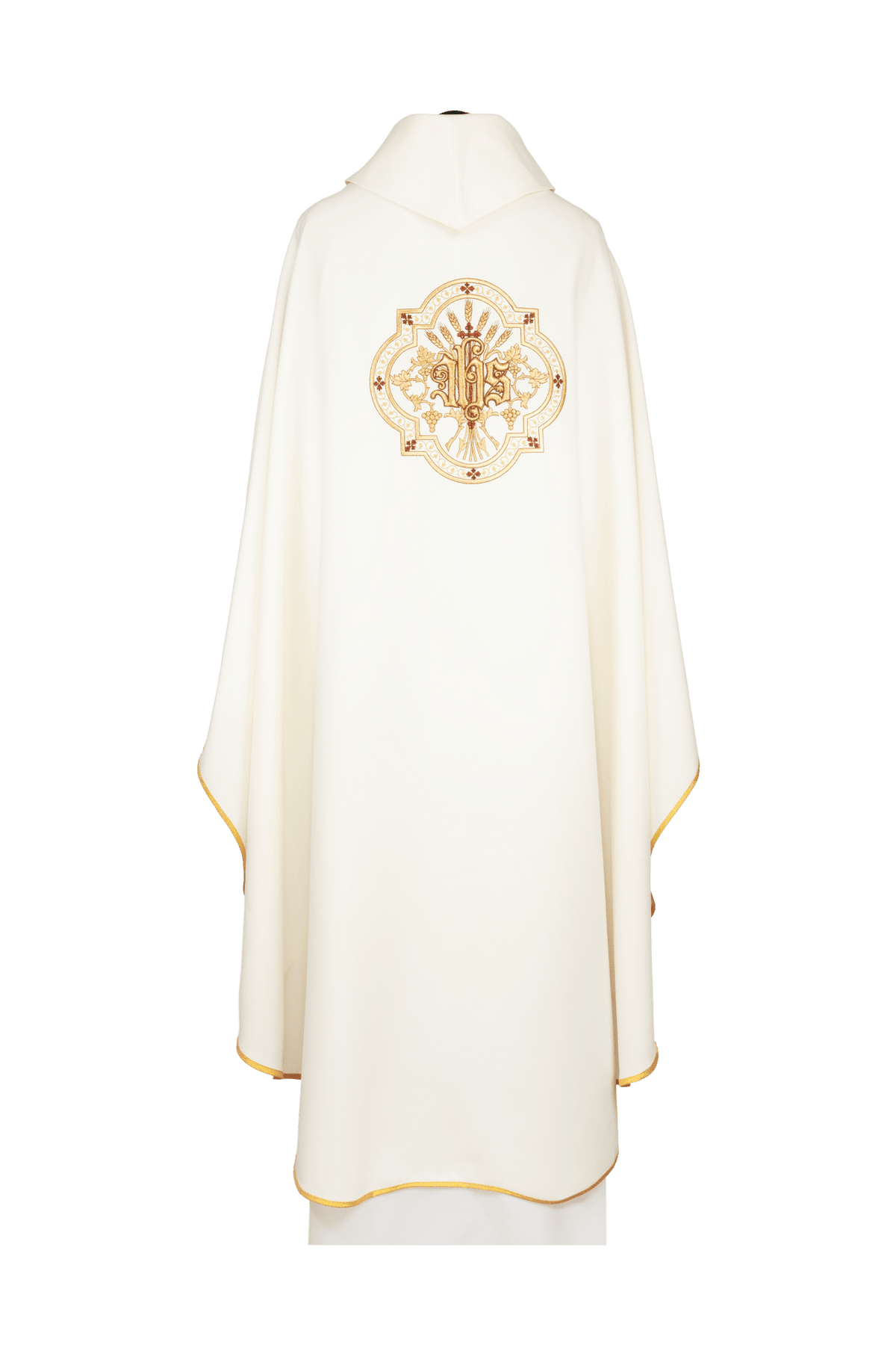 Ecru chasuble back view with embroidered IHS, gold chalice and floral motifs