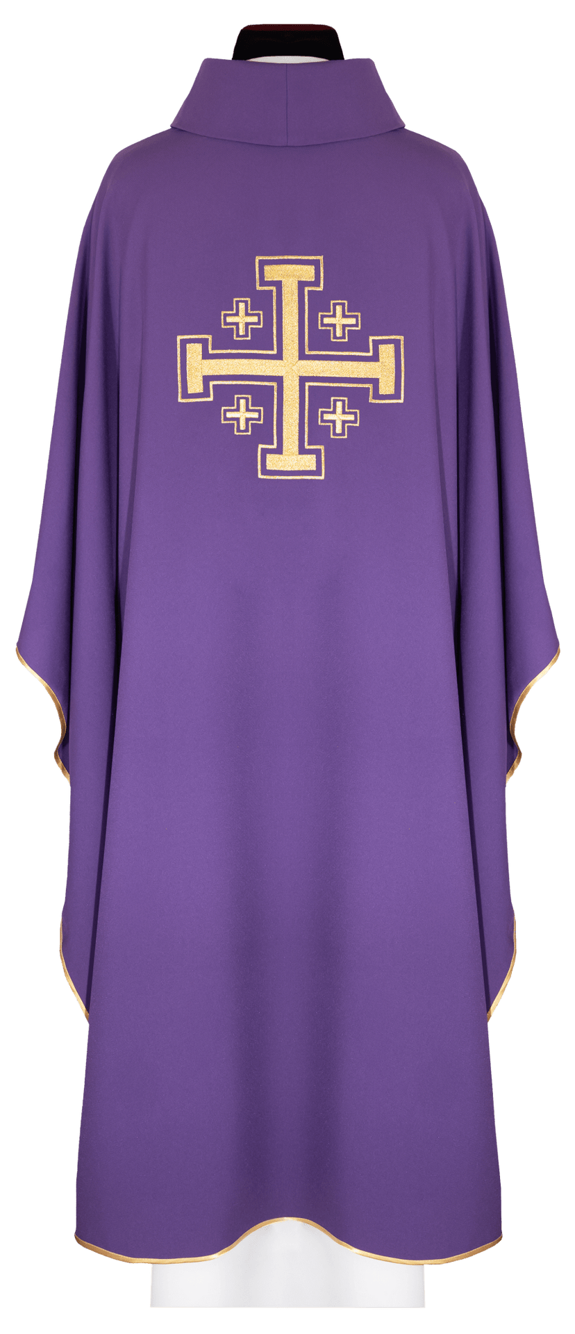 Purple chasuble back view with large gold cross embroidery and gold trim