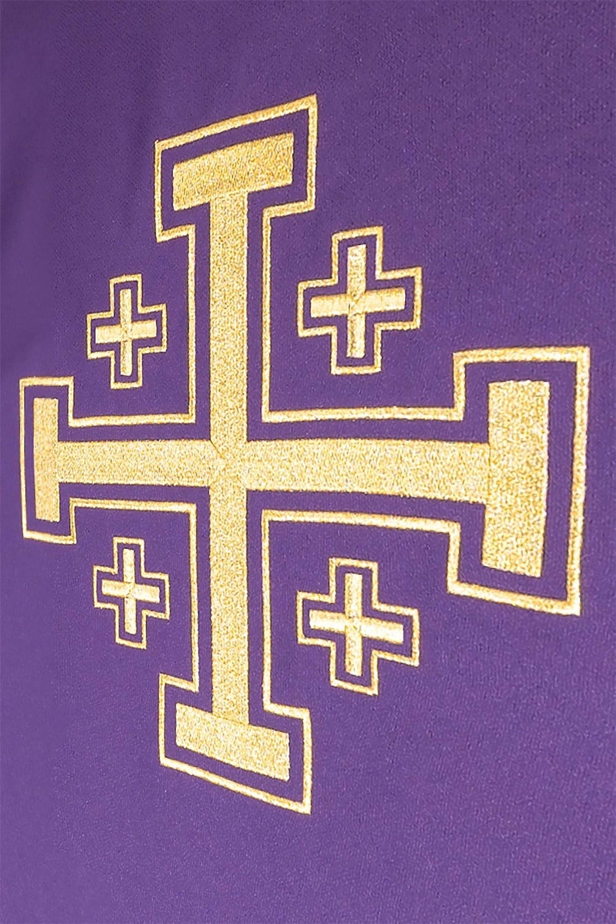 Purple chasuble close-up of gold cross embroidery with four smaller crosses