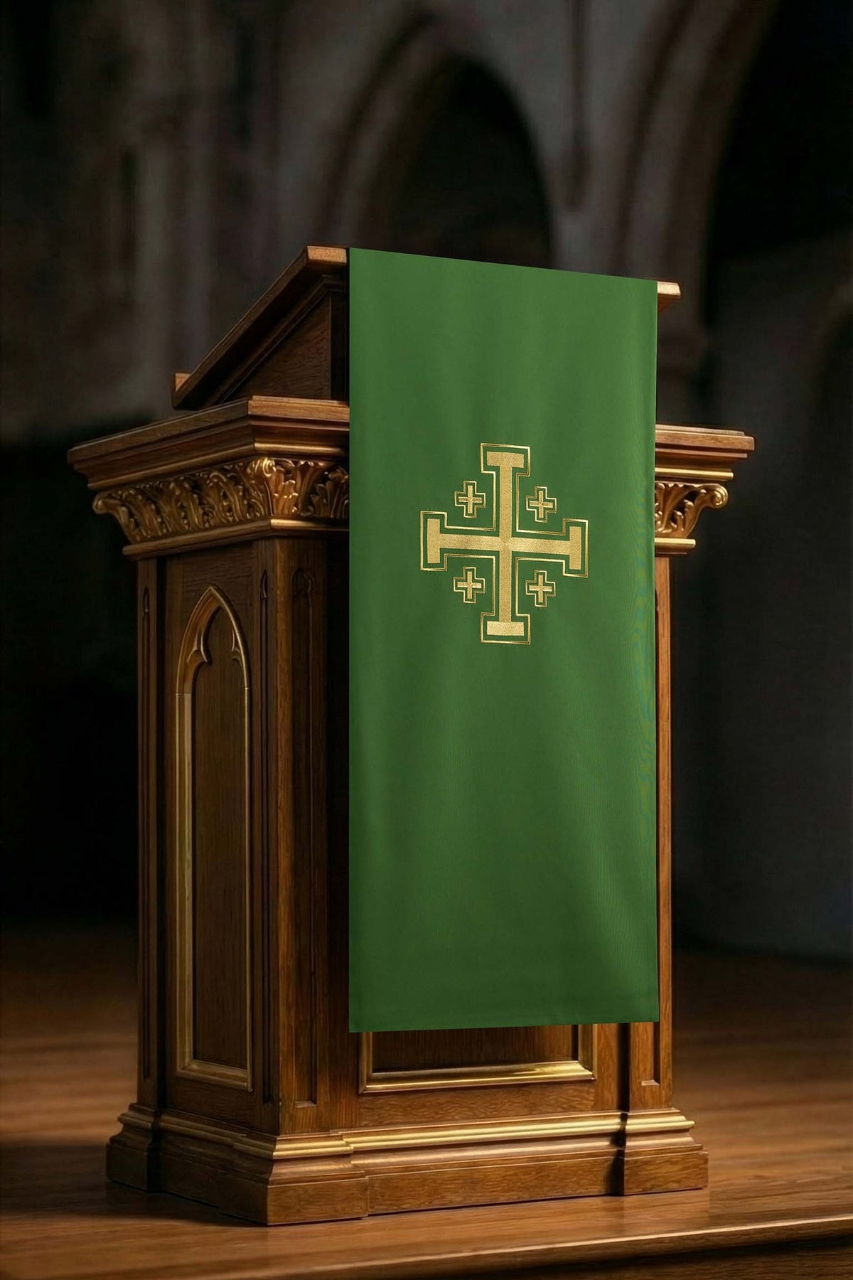 Green church lectern cover with Jerusalem cross embroidery, front view