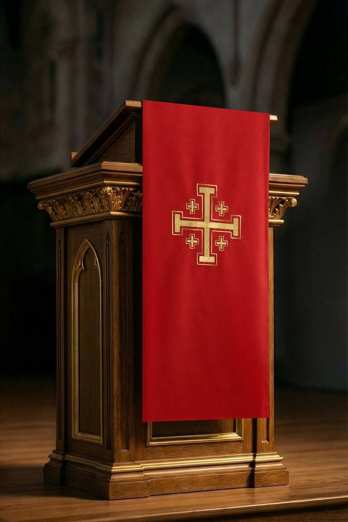 Red Church Lectern Cover with Jerusalem Cross Embroidery, front view on a lectern