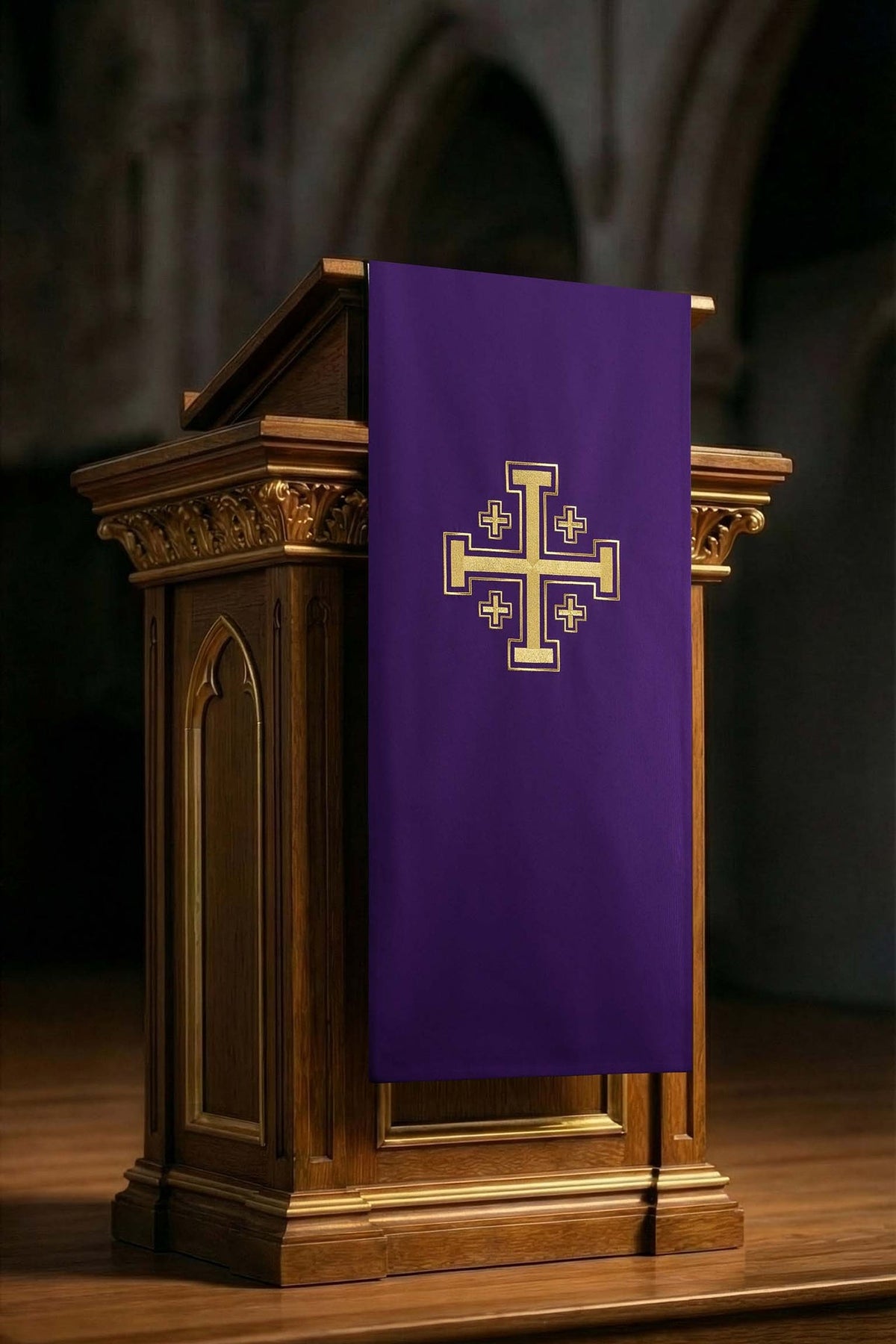Purple Church Lectern Cover with Jerusalem Cross Embroidery, front view