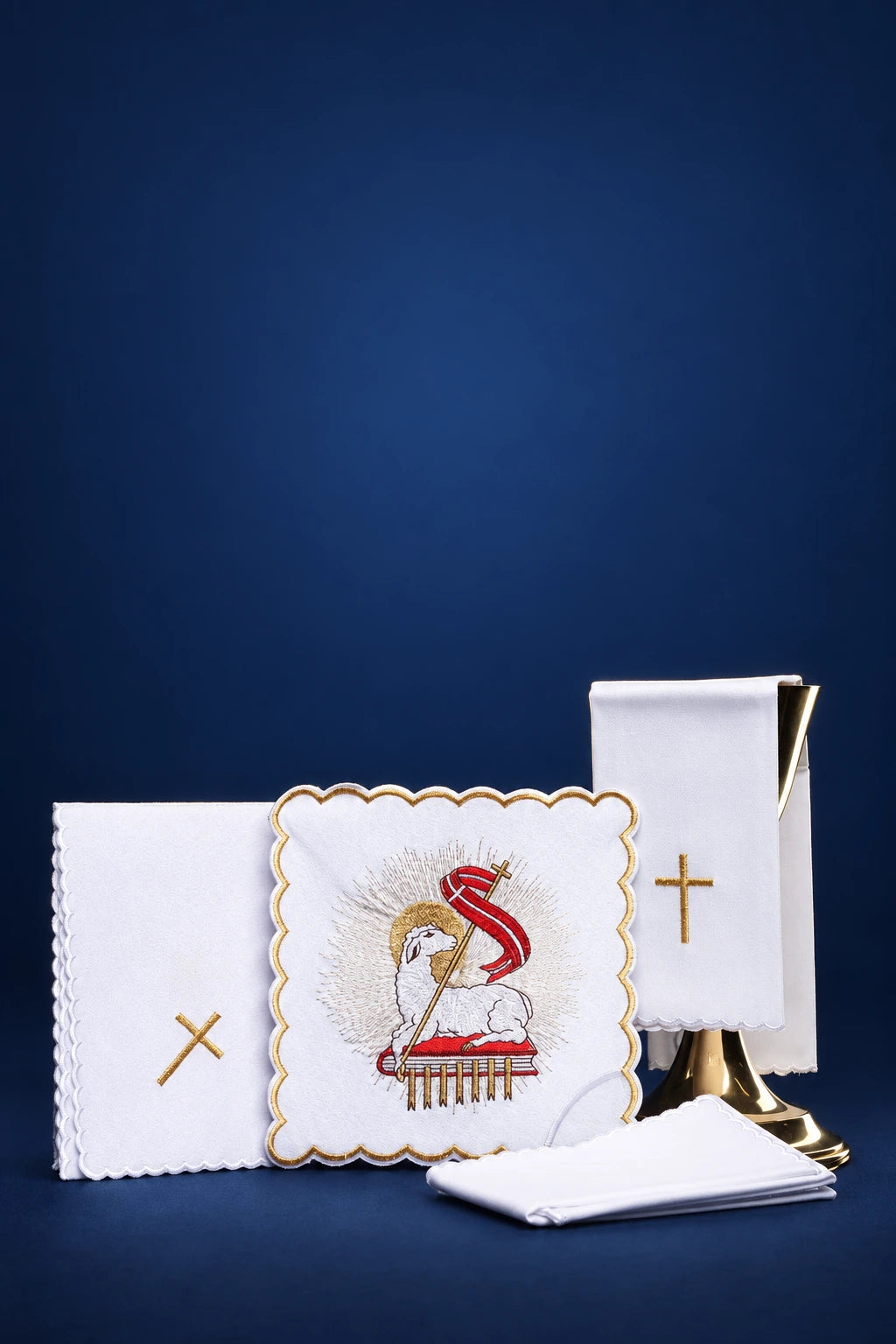 Embroidered Agnus Dei Altar Linen Set in white with gold trim, lamb motif, crosses and scalloped edges