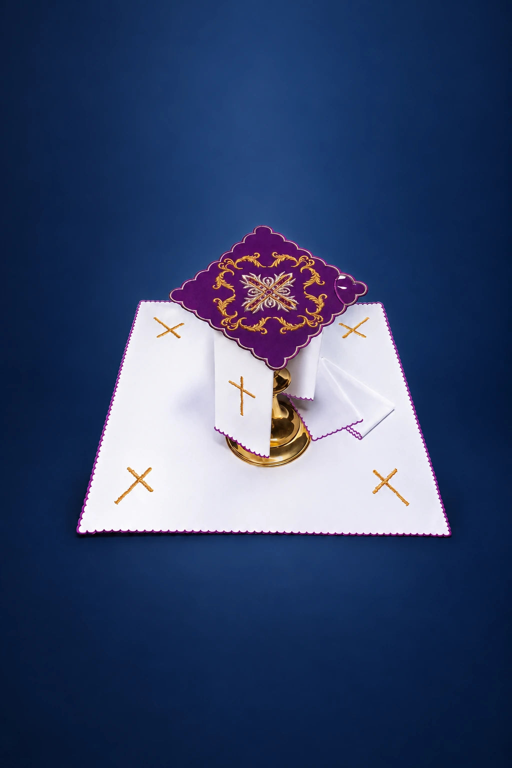 Purple Embroidered Altar Linen Set with Cross Motif, full set view with gold crosses and purple chalice pall