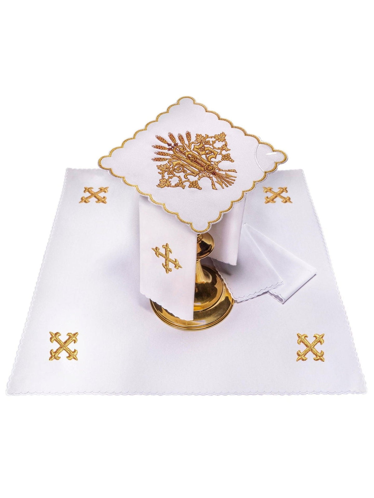 Embroidered Catholic Altar Linen Set with IHS and Wheat, white set with gold embroidery