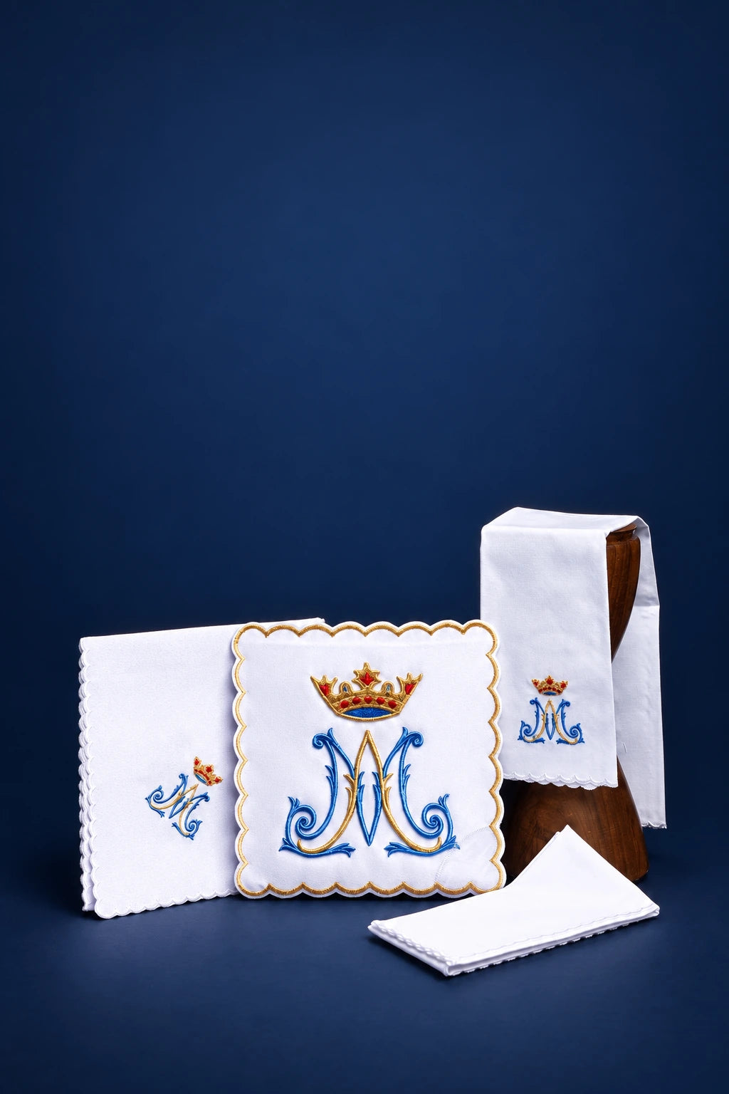 Embroidered Altar Linen Set with Marian Motif, white linen pieces with blue and gold Marian embroidery