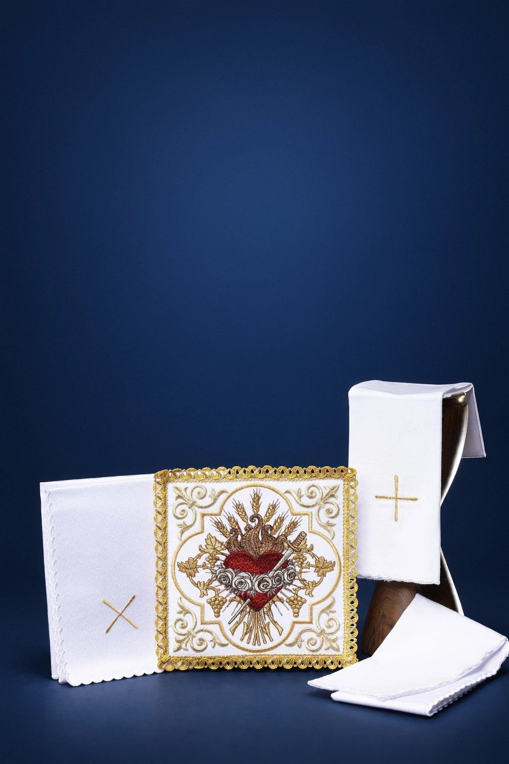 Embroidered altar linen set with the Heart of Mary, white linens with gold cross and ornate heart embroidery