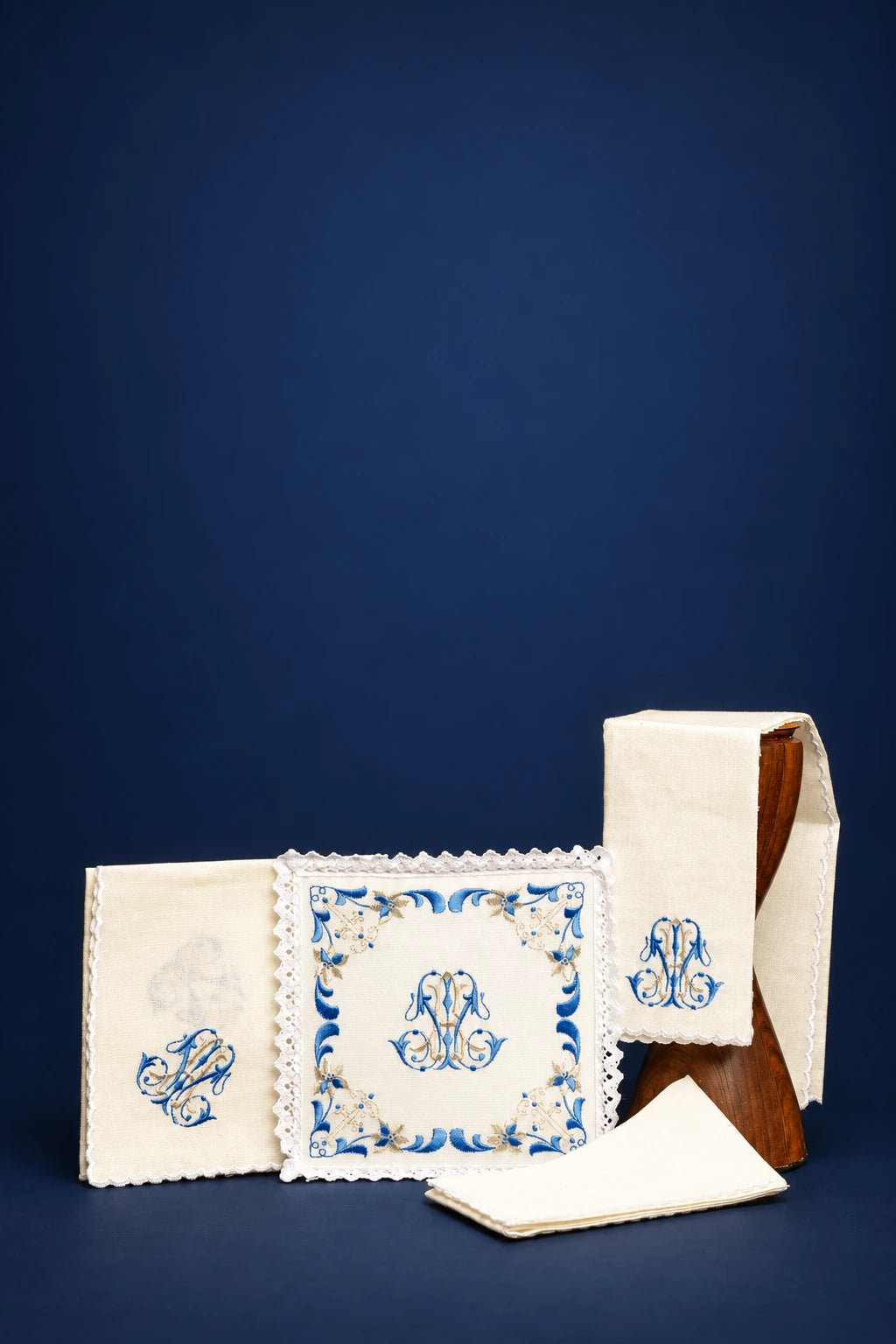 Catholic Altar Linen Set in Linen with Blue Marian Embroidery, complete set with lace edges