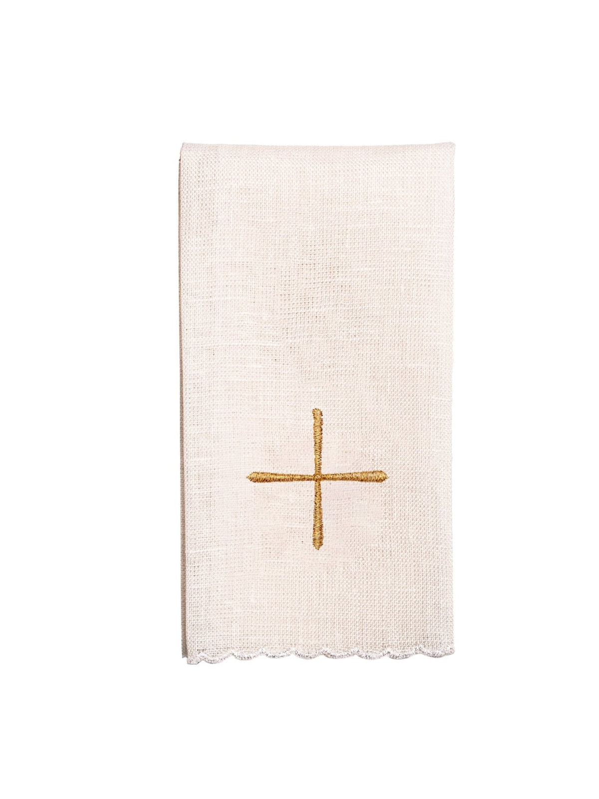 White altar linen with embroidered gold cross and scalloped edge