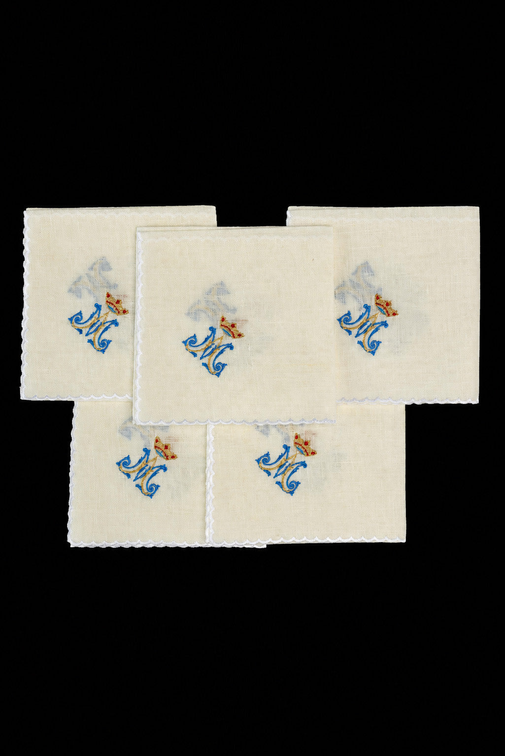 Set of 5 Linen Corporals with Marian Embroidery, ecru linen with blue and gold embroidery