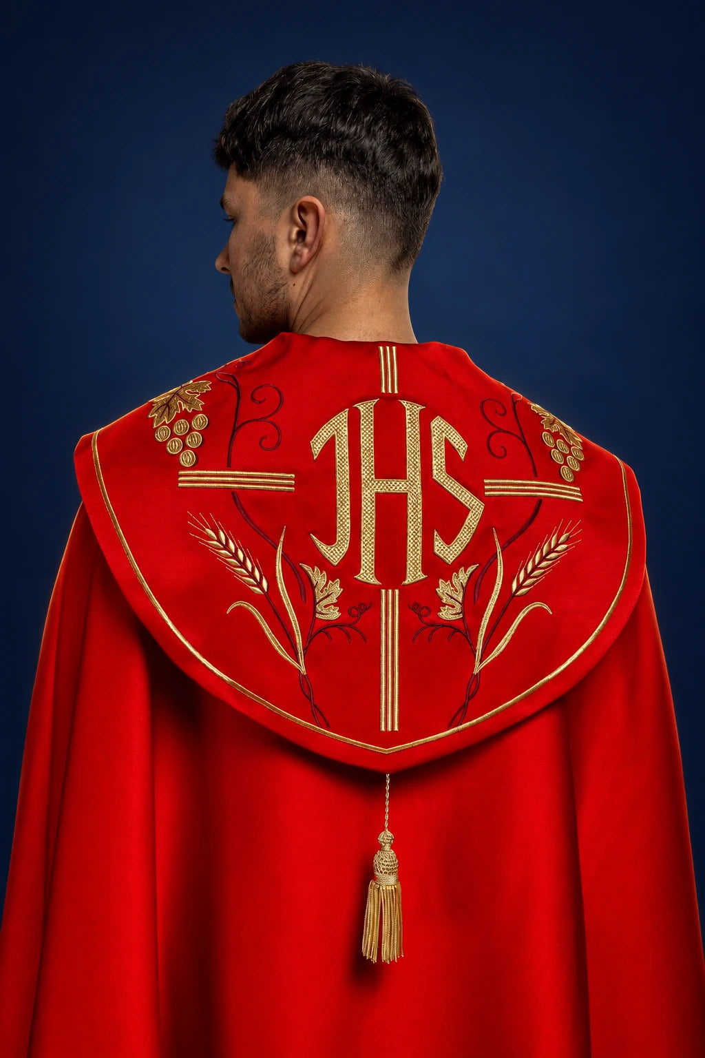 Red Cope with Gold-and-Burgundy Embroidery of IHS and Grapes, back view