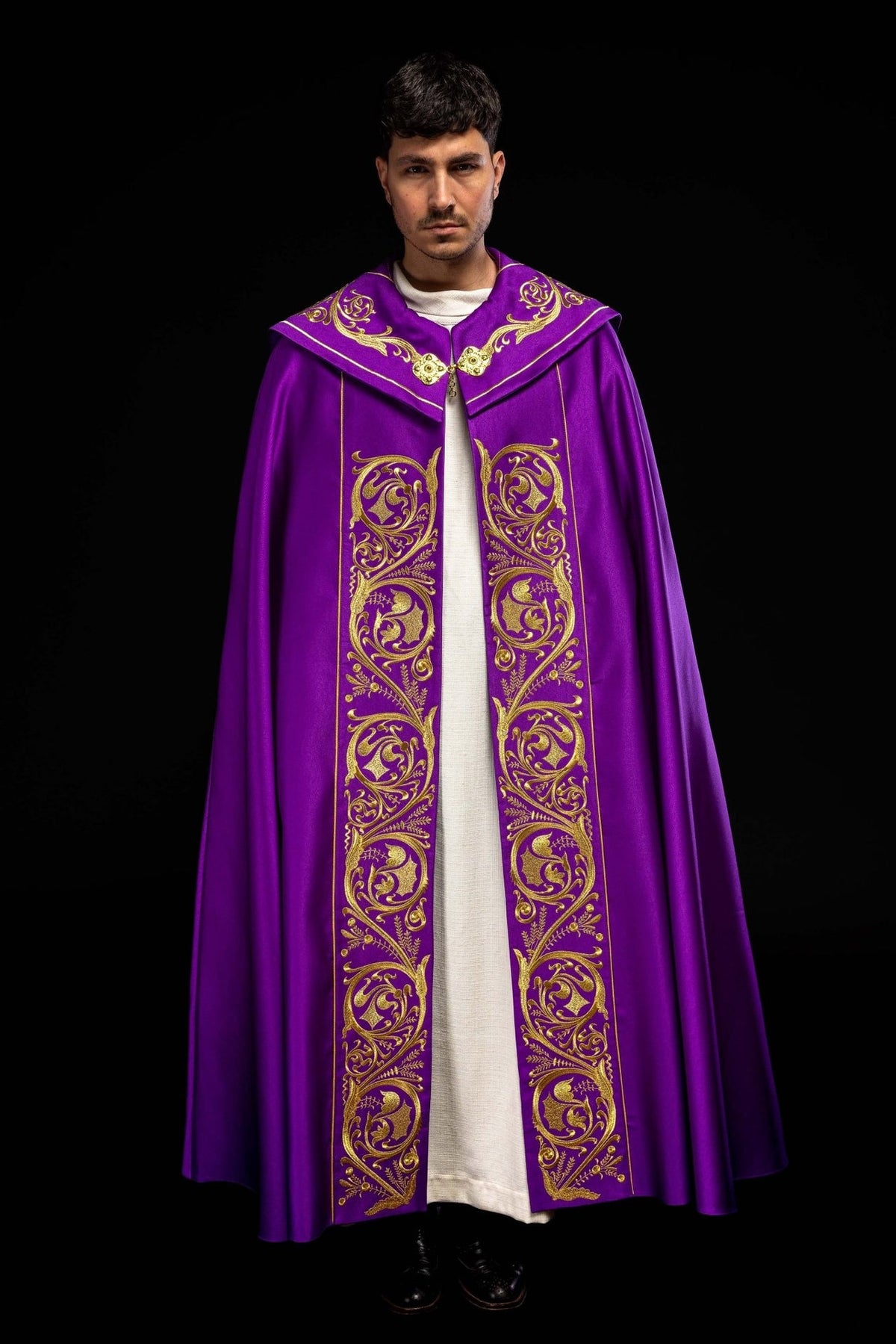 Purple cope, front view with symmetrical gold embroidery