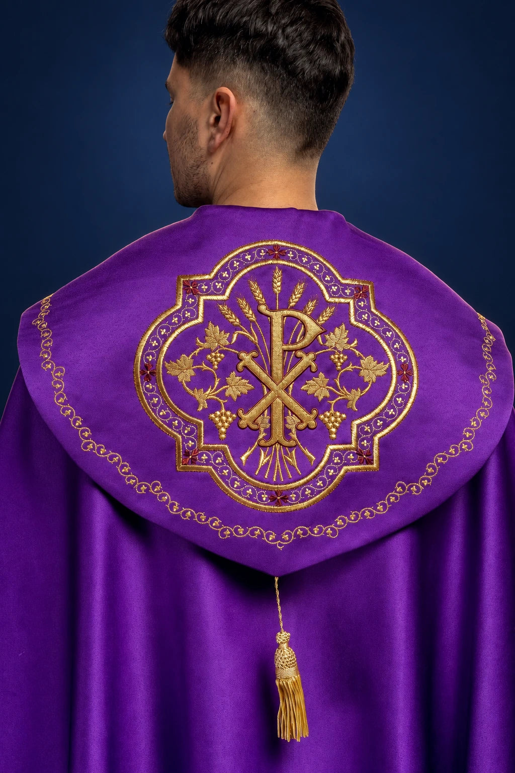 Purple Eucharistic Cope with PX Monogram, back view with gold embroidered PX monogram and tassel