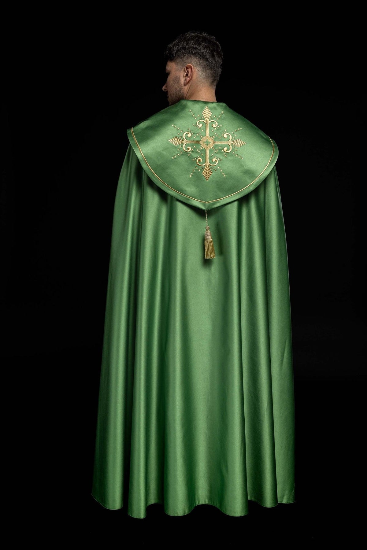 Green cope full back view with wide satin orphrey and gold cross