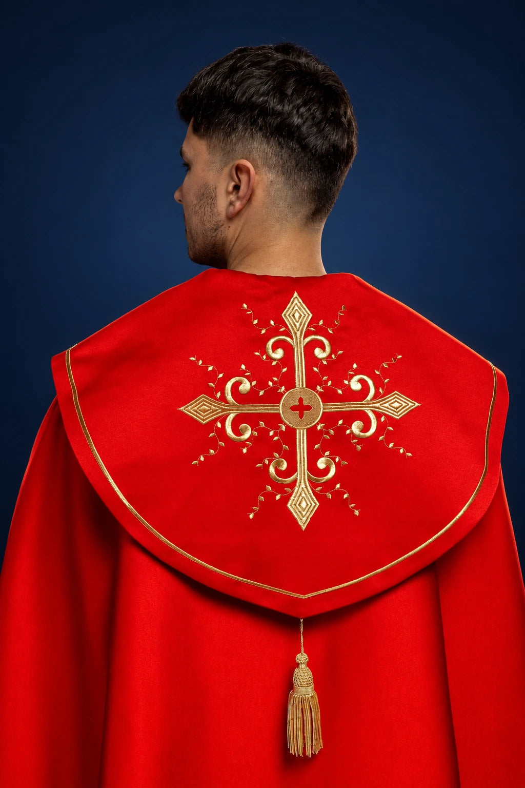 Red Cope with Gold Cross Embroidery, back view with large gold cross and tassel