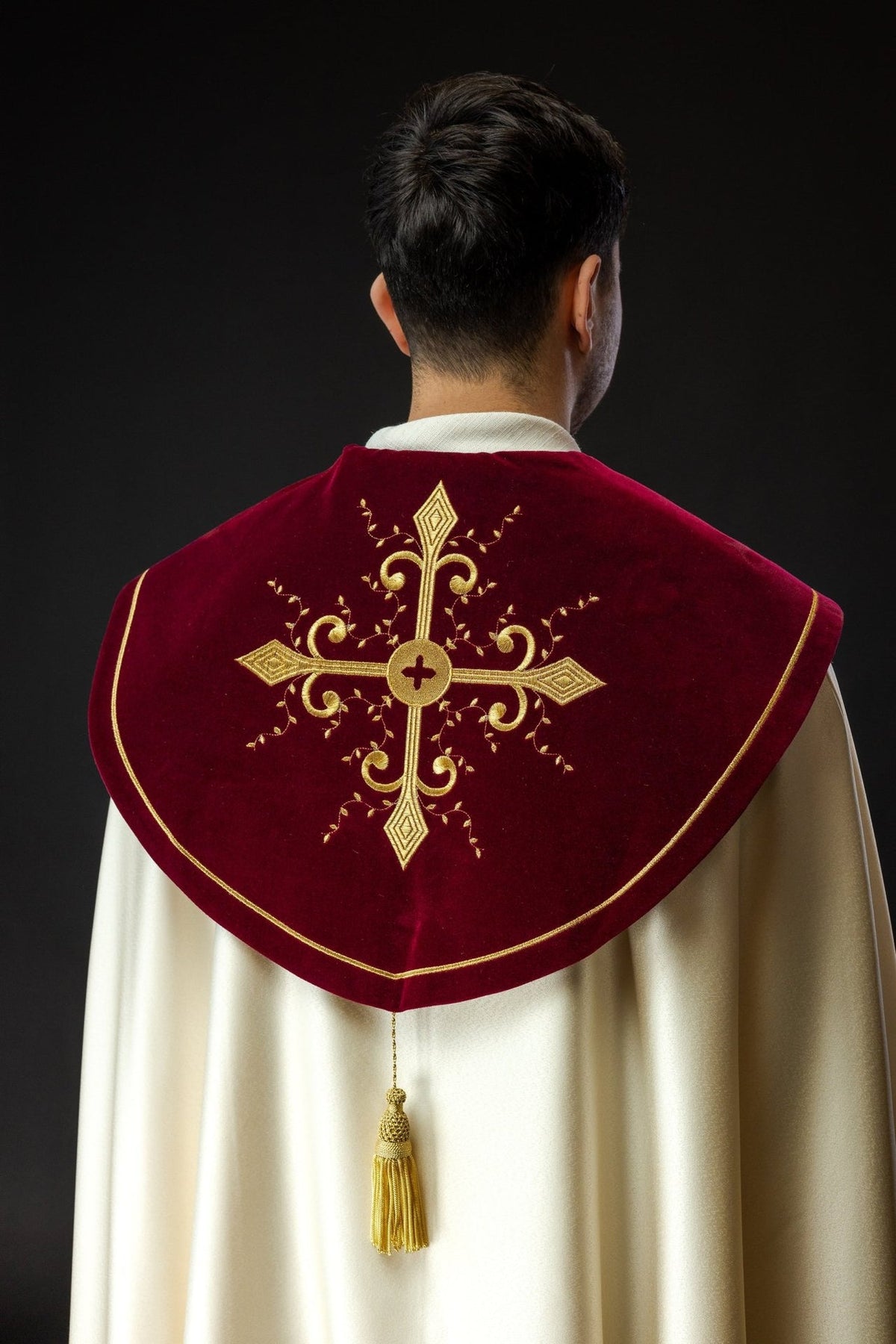 Burgundy velvet cope back with large gold cross embroidery and tassel