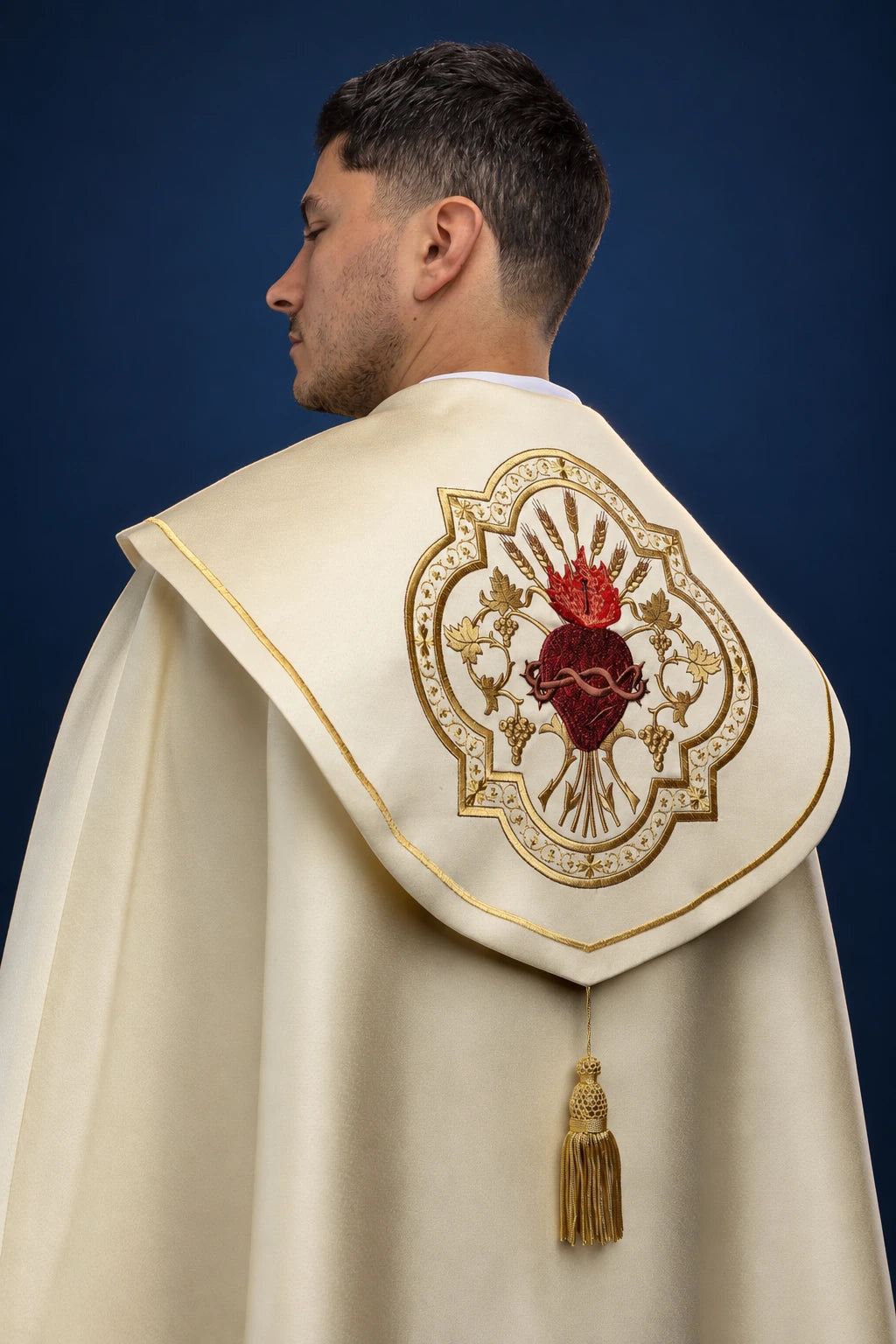 Ecru Cope with Sacred Heart of Jesus Embroidery, back view with gold tassel