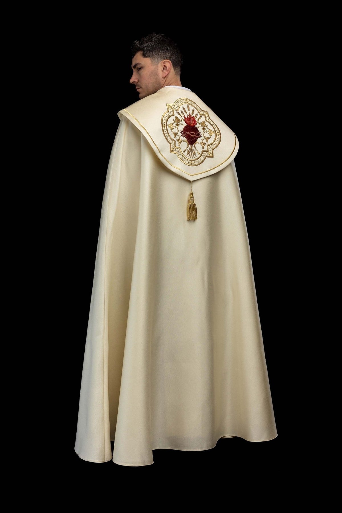 Ecru cope back view with Sacred Heart of Jesus embroidery