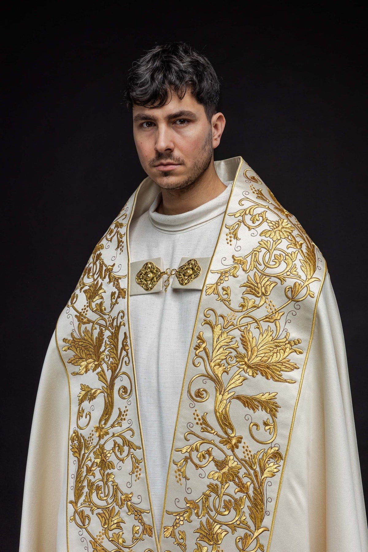 Ecru satin cope, front view with ornate gold floral embroidery