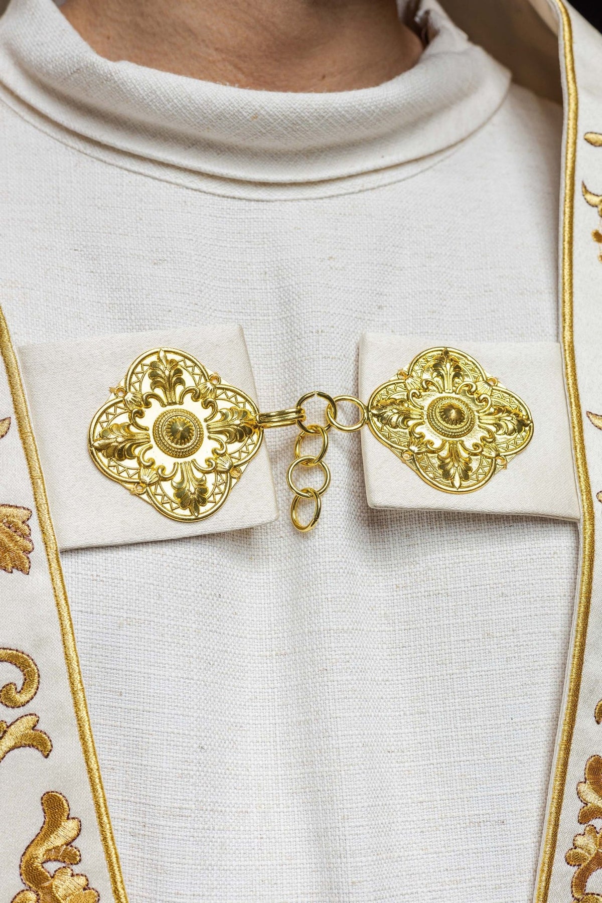 Ecru satin cope, close-up of embroidered Sacred Heart of Jesus