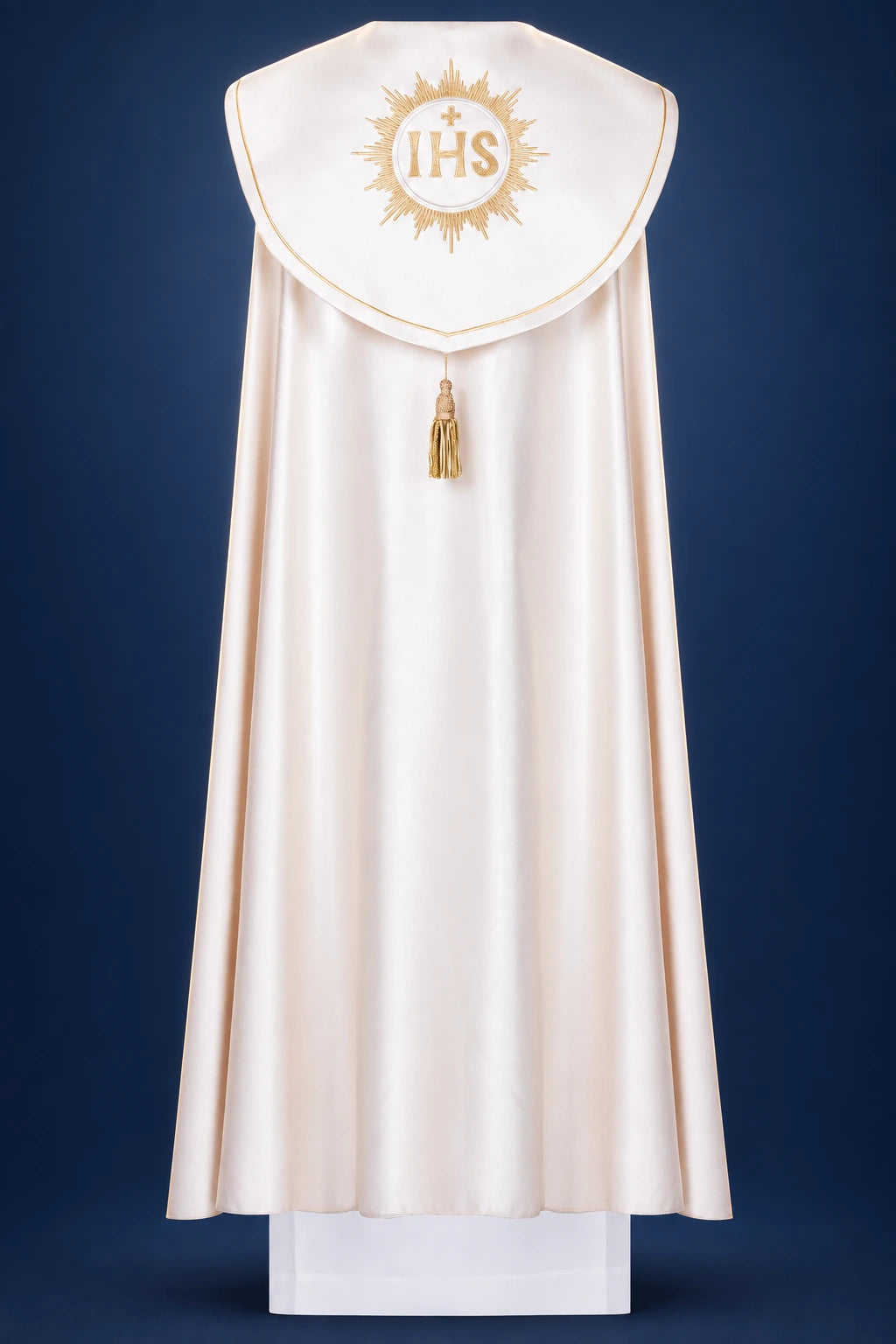 Ecru Eucharistic Cope with IHS Embroidery, front view with gold IHS sunburst embroidery