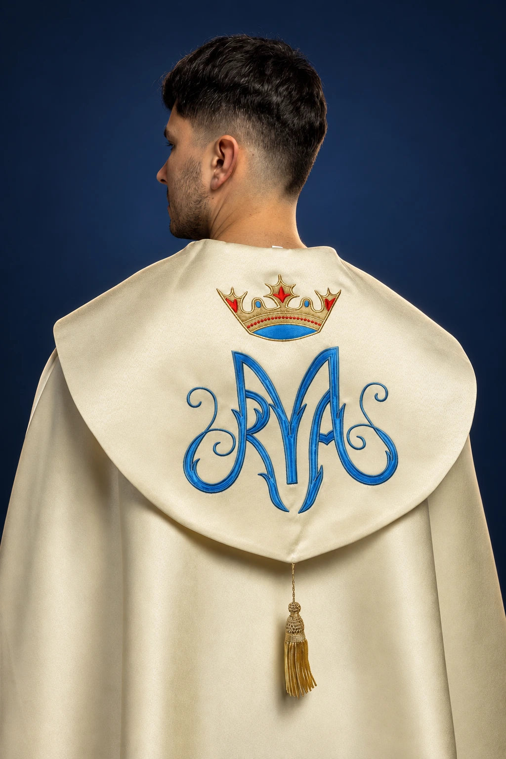 Embroidered Marian Ecru Cope, back view with blue Marian monogram and crowned emblem
