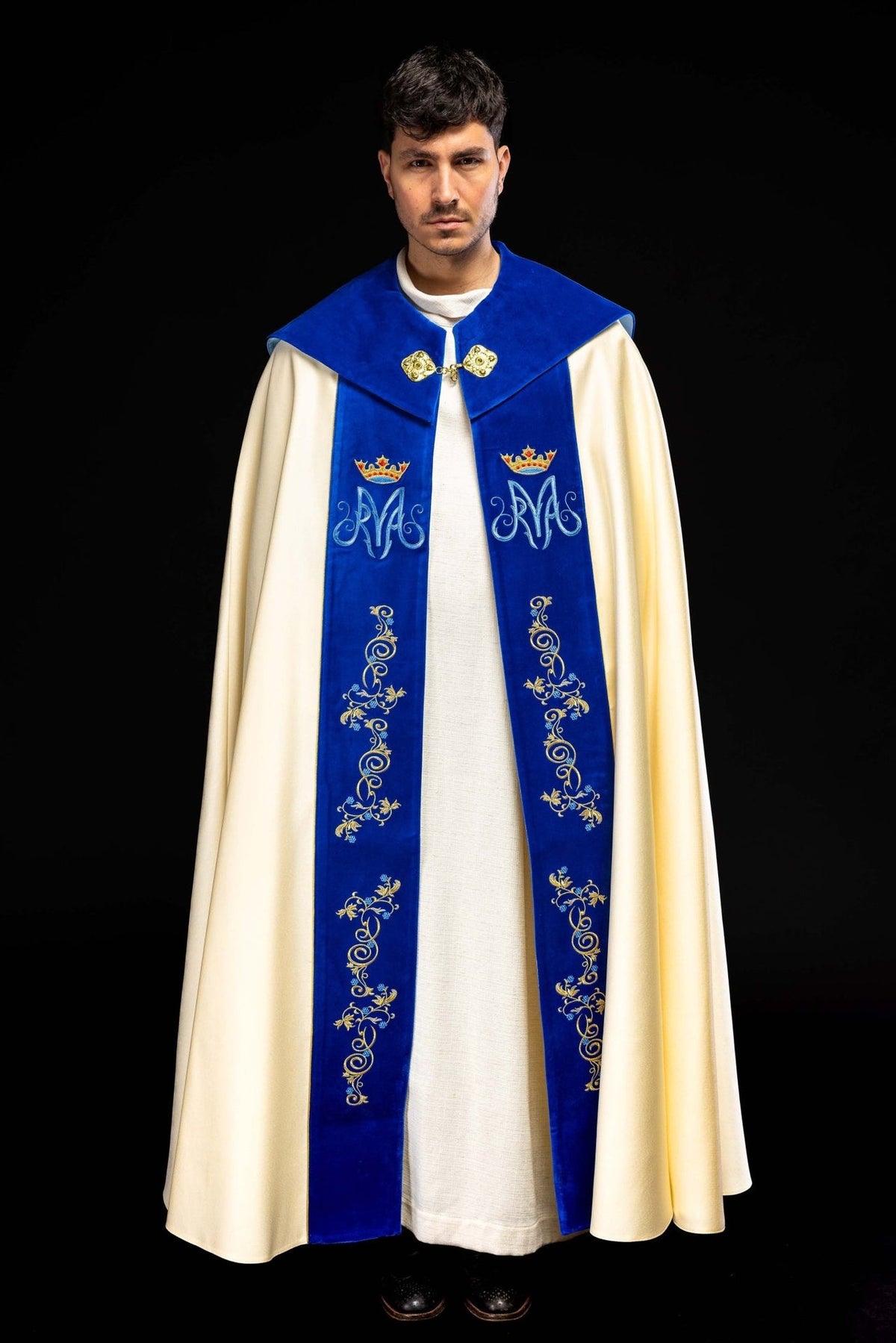 Marian cope front view with blue velvet orphrey, Marian monograms and gold floral embroidery