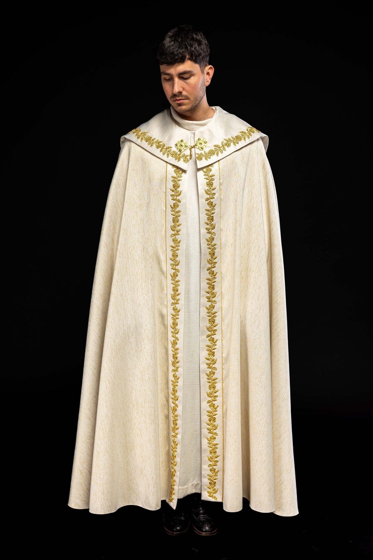 Marian cope full front view with long gold embroidered floral bands