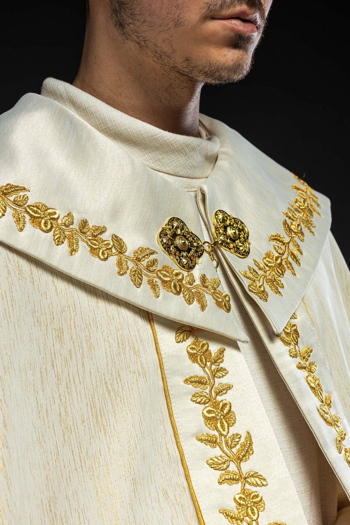 Marian cope full back view with ecru fabric and gold embroidery