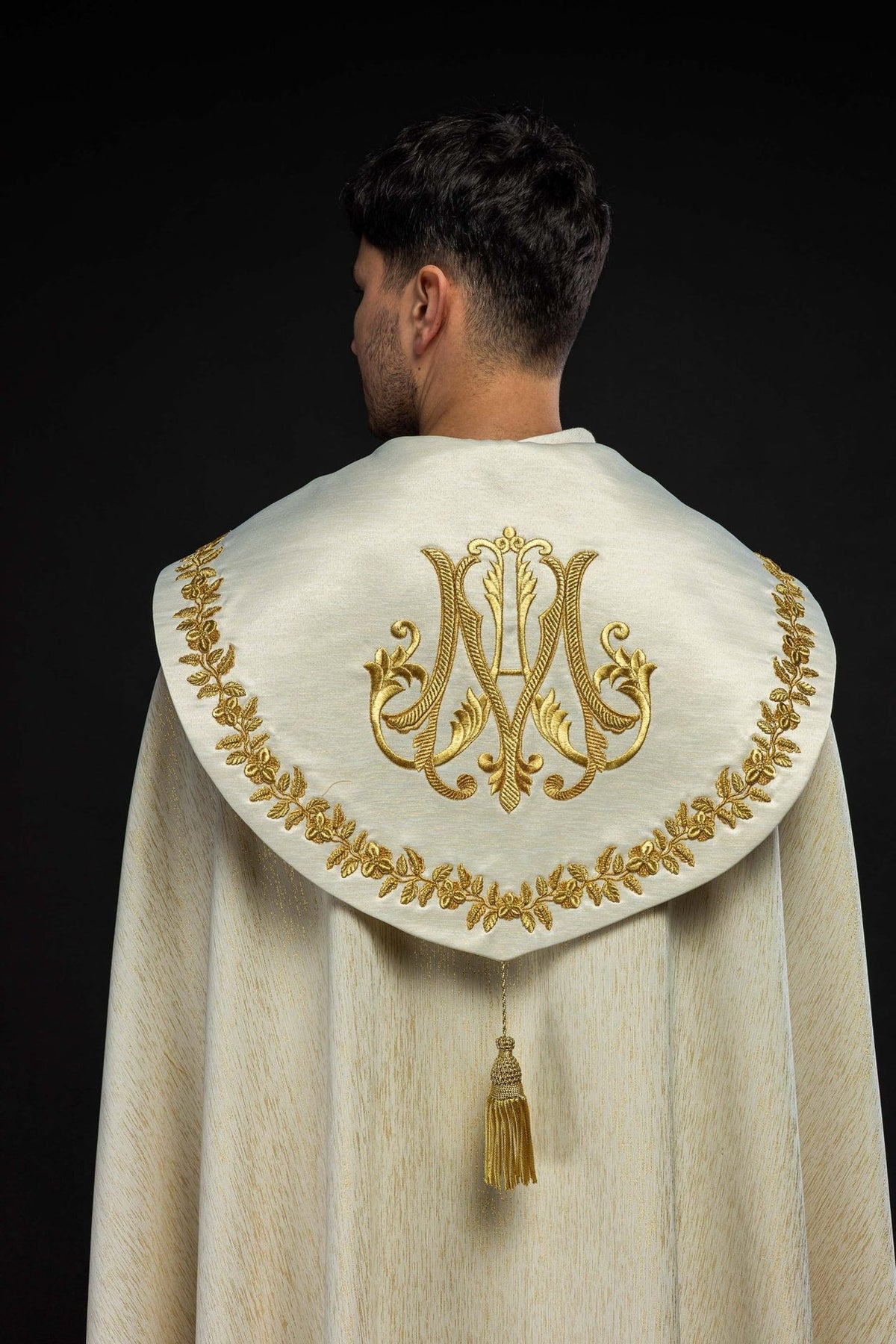 Marian cope close-up of gold floral embroidery on the front band