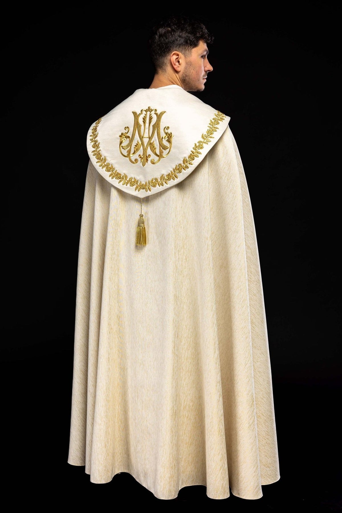 Marian cope back view with gold Marian monogram and floral embroidered border