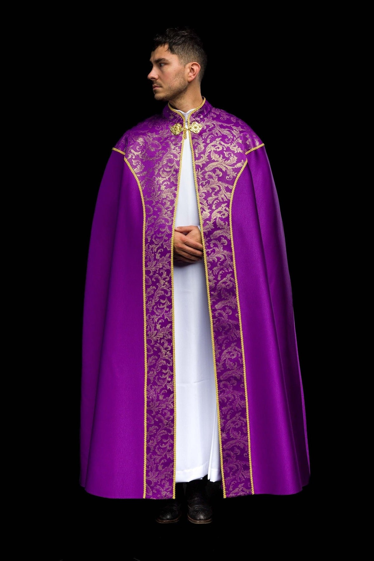 Purple cope front view with gold jacquard fabric panels and trim