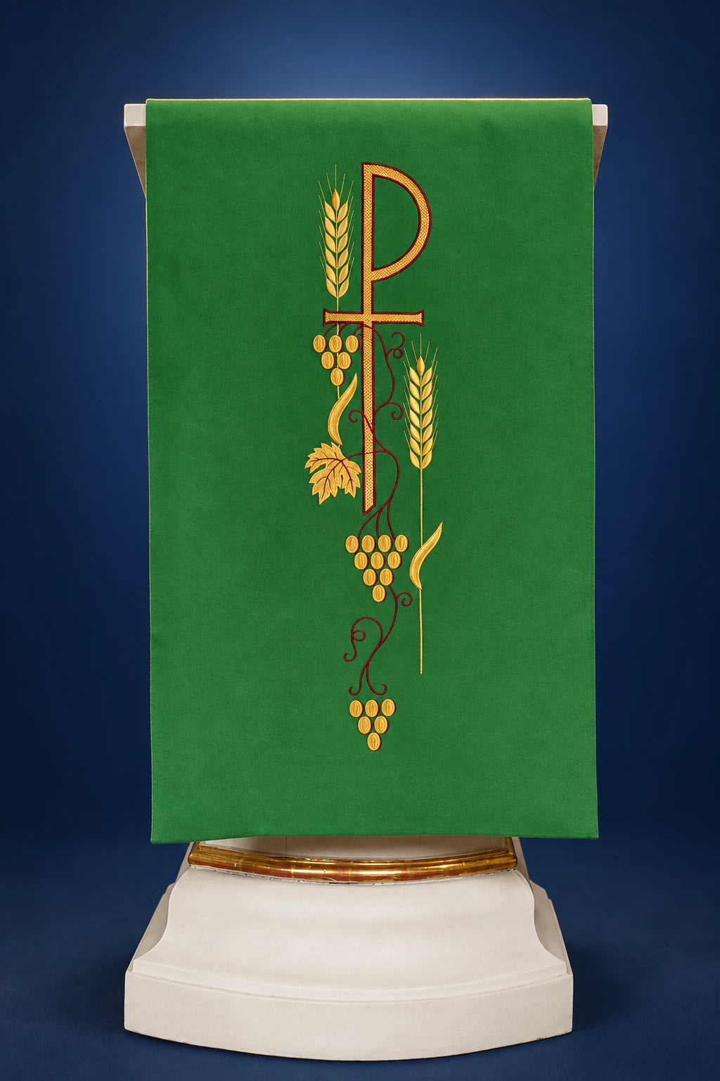Green Church Lectern Cover with Embroidered PAX Symbol, front view with grapevine and wheat embroidery