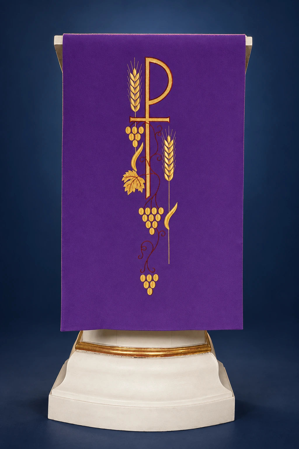 Purple Church Lectern Cover with Embroidered PAX Symbol, front view with wheat and grape embroidery
