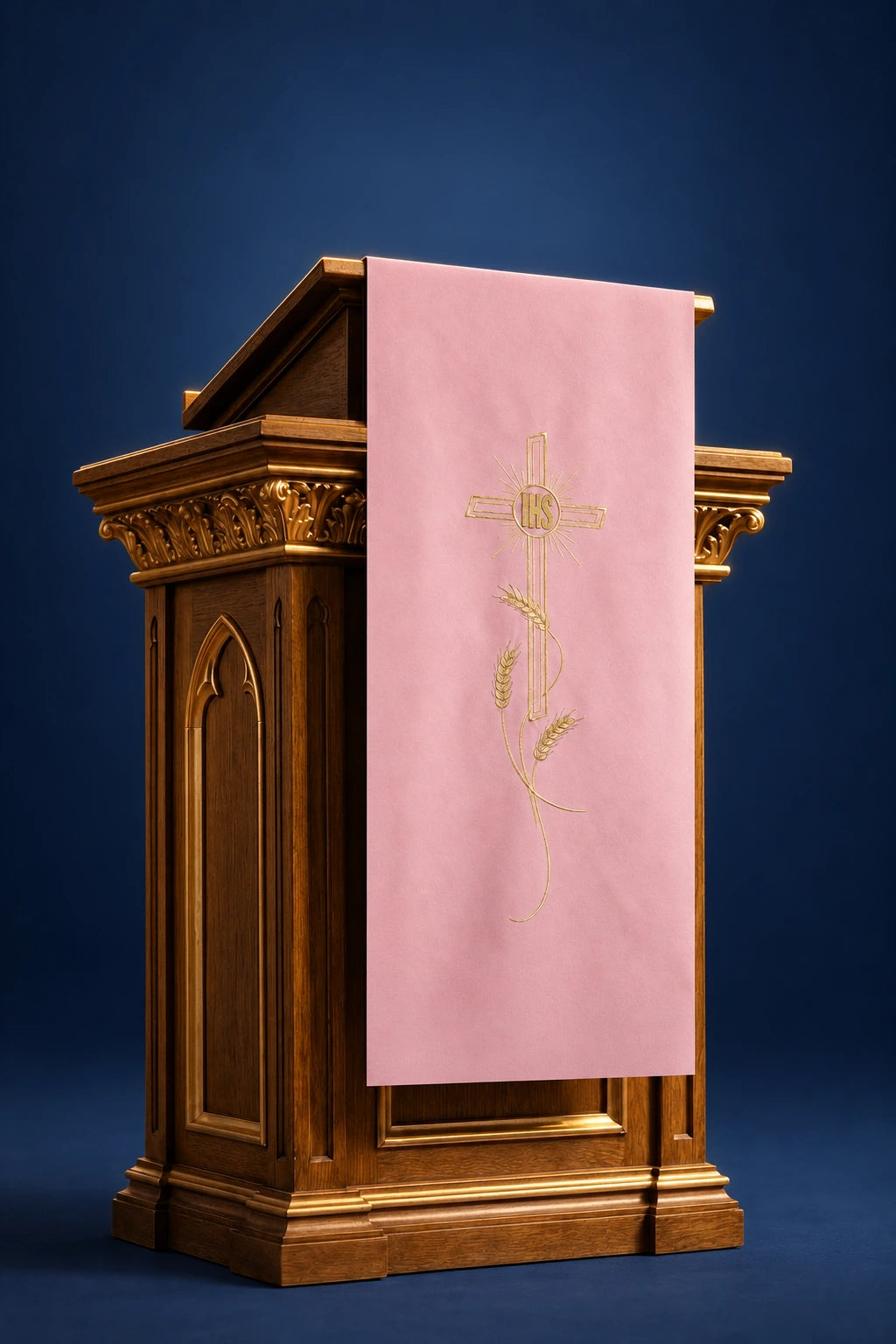 Rose Church Lectern Cover with Embroidered Cross Motif, front view with gold IHS monogram and wheat embroidery
