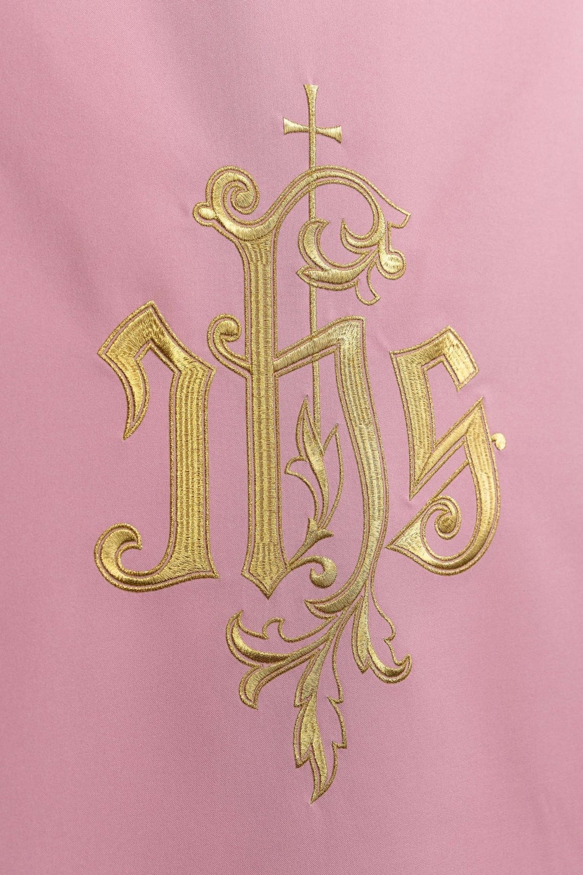 Rose church lectern cover close-up of gold embroidered IHS symbol