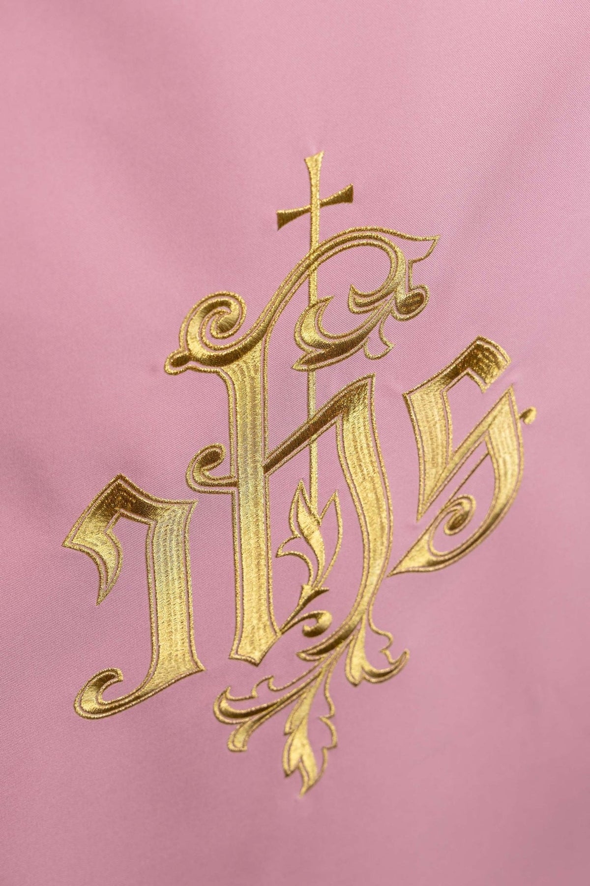 Rose church lectern cover angled close-up of gold IHS embroidery