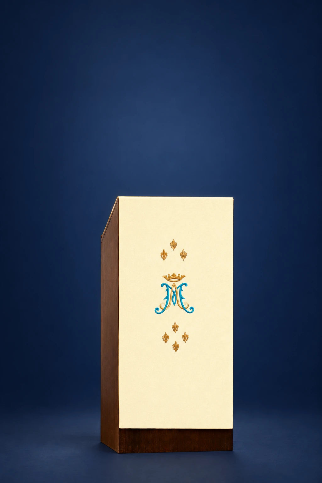 Ecru Church Lectern Cover with Embroidered Marian Motif, front view with blue Marian monogram and gold motifs