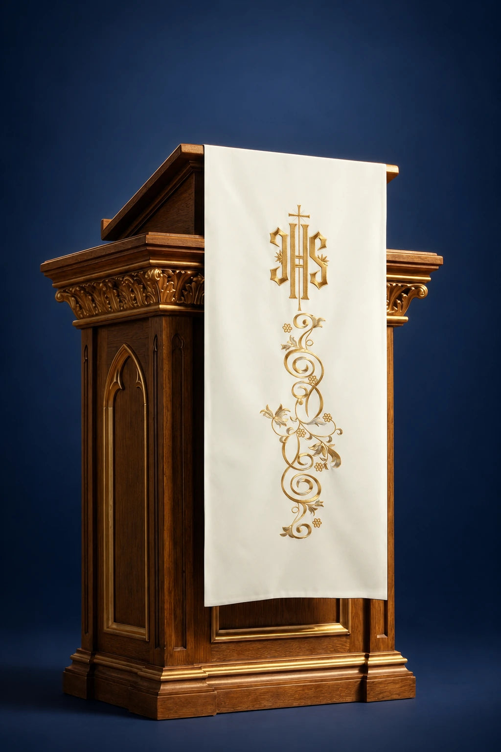 Ecru Church Lectern Cover with Embroidered IHS Monogram, front view with gold embroidery