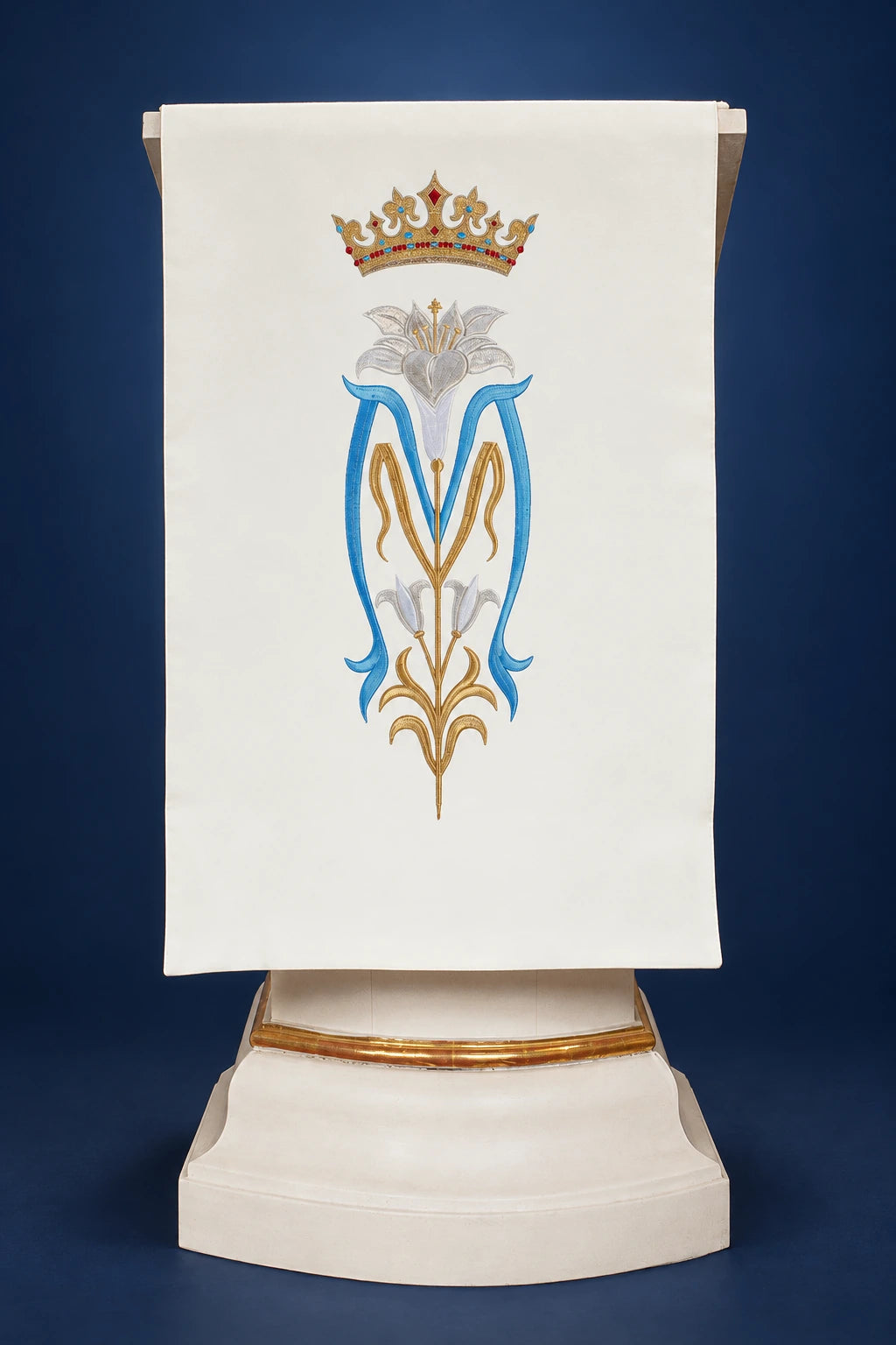 Ecru church lectern cover with embroidered Marian motif, crown and stylized lily on the front