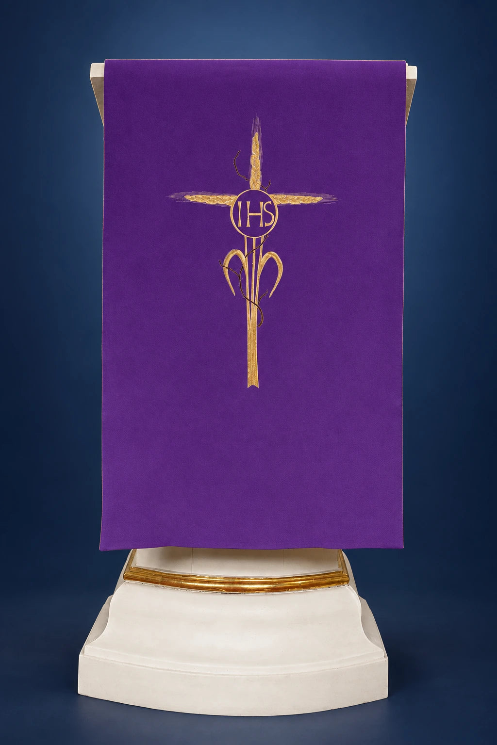 Purple Church Lectern Cover with Embroidered Cross and IHS Motif, front view