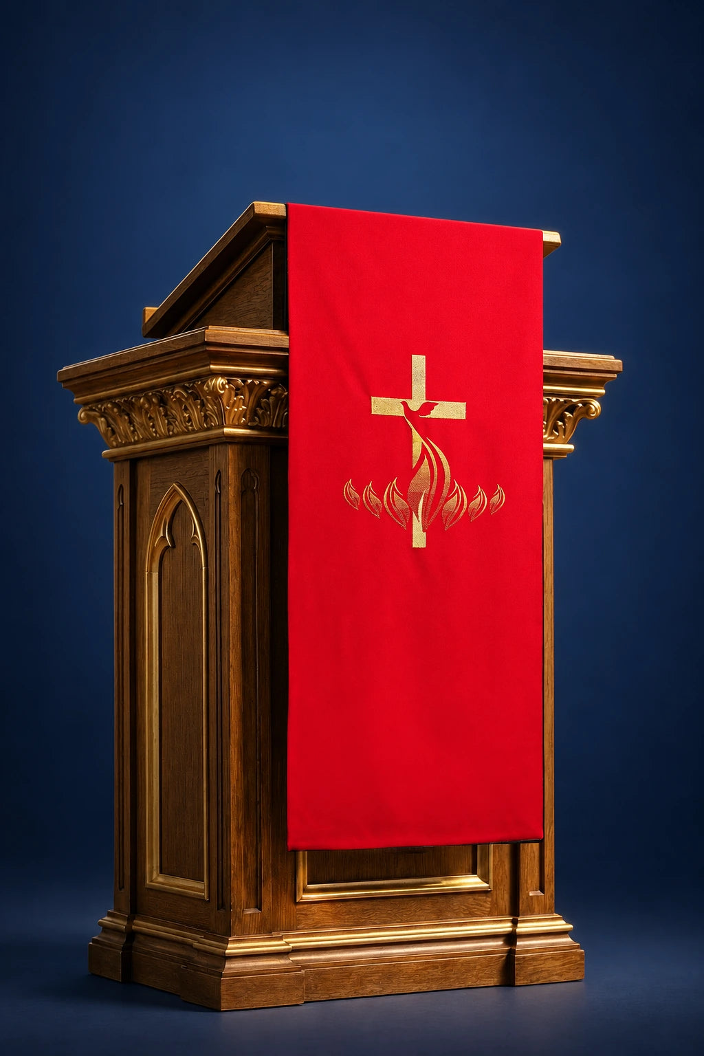 Red Embroidered Church Lectern Cover with Dove and Flame Symbol, front view with gold embroidery