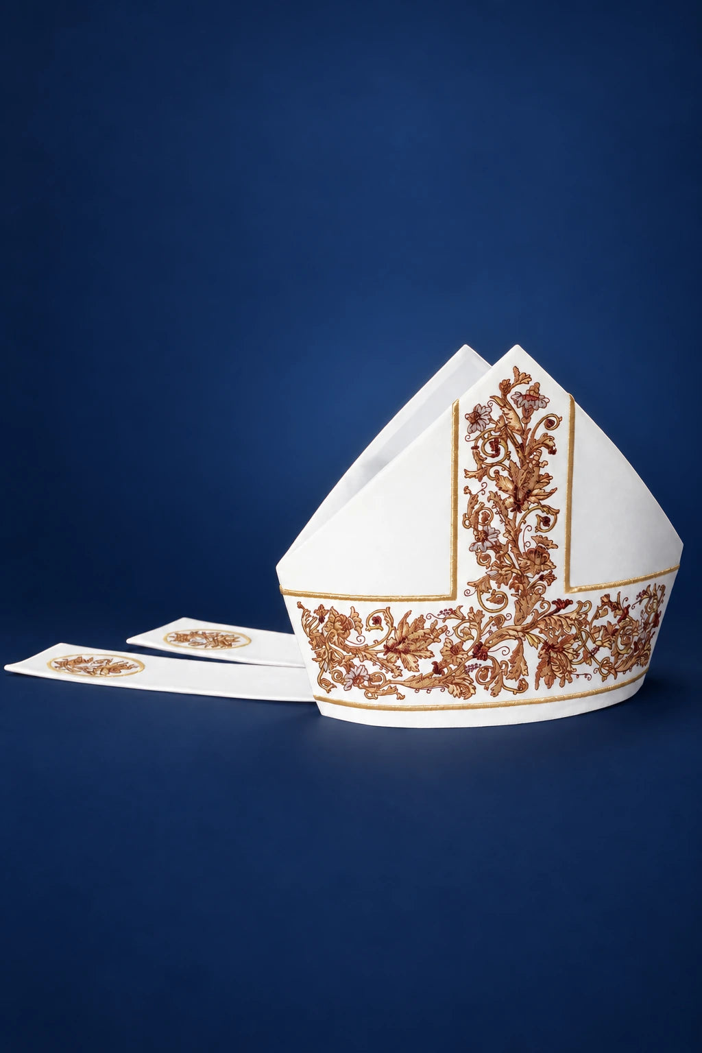 Miter with Ornate Embroidery, front view in white with gold floral embroidery