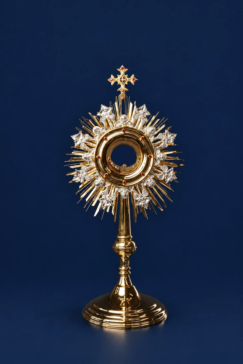 Handcrafted Gold-Plated Brass Monstrance, full front view with sunburst rays, silver-tone grape motifs and red stones
