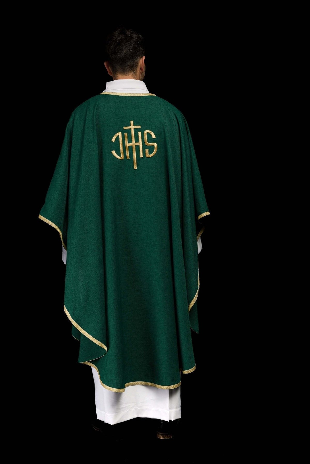 Green chasuble full back view with gold IHS embroidery