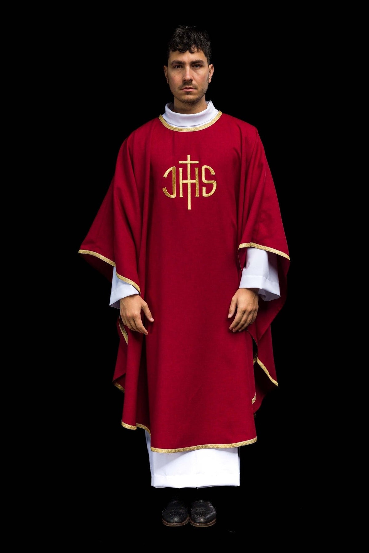 Red chasuble front view with gold IHS embroidery and trim