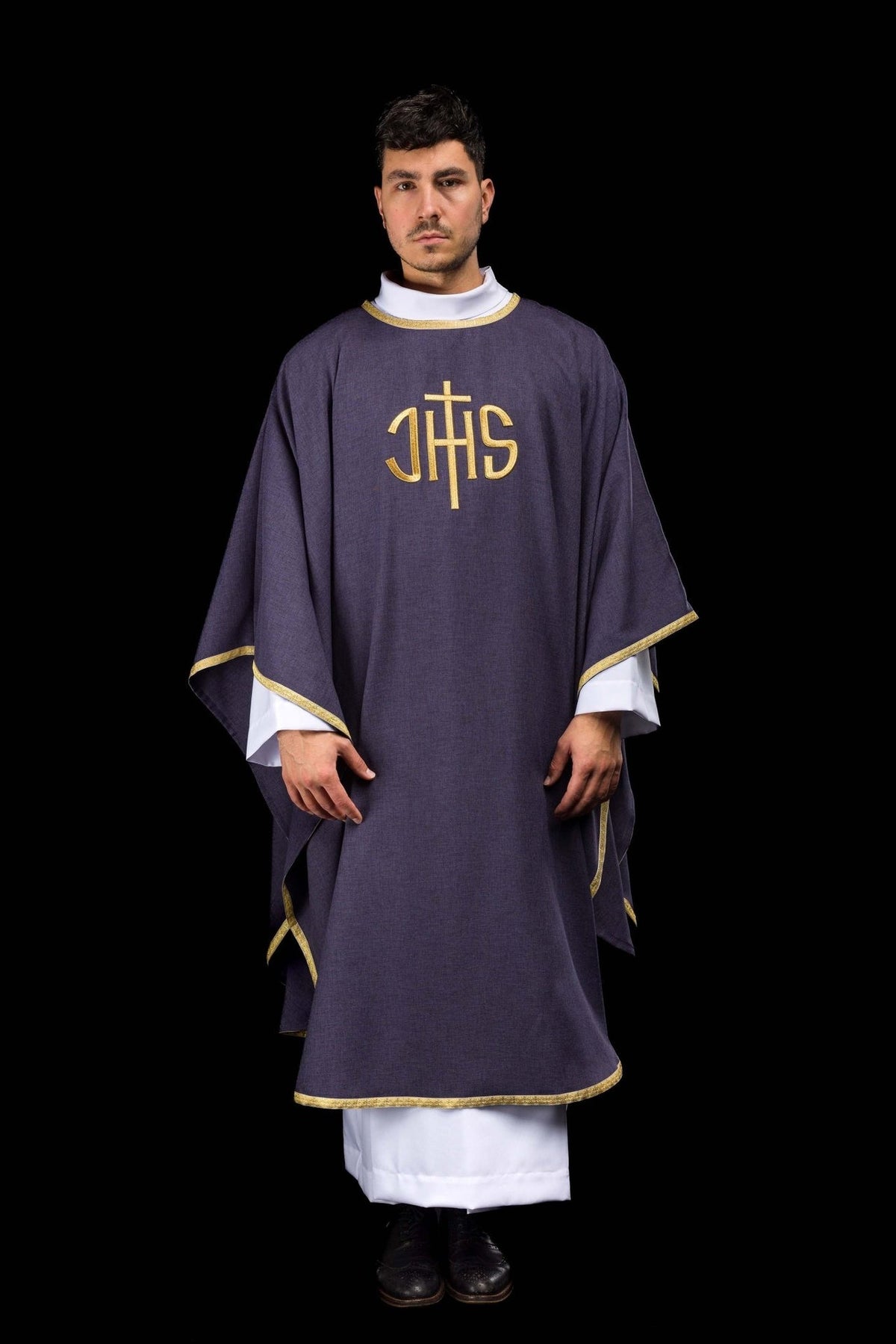Purple chasuble front view with gold IHS embroidery and trim