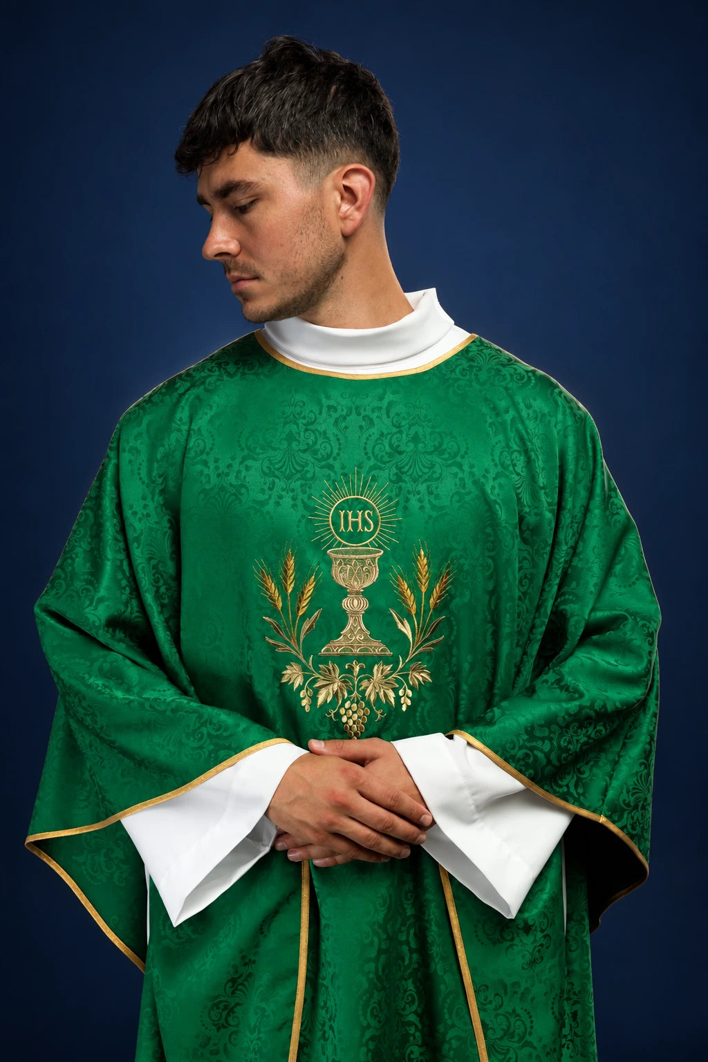 Green Liturgical Chasuble with Chalice and Altar Bread Embroidery, front view with gold embroidery