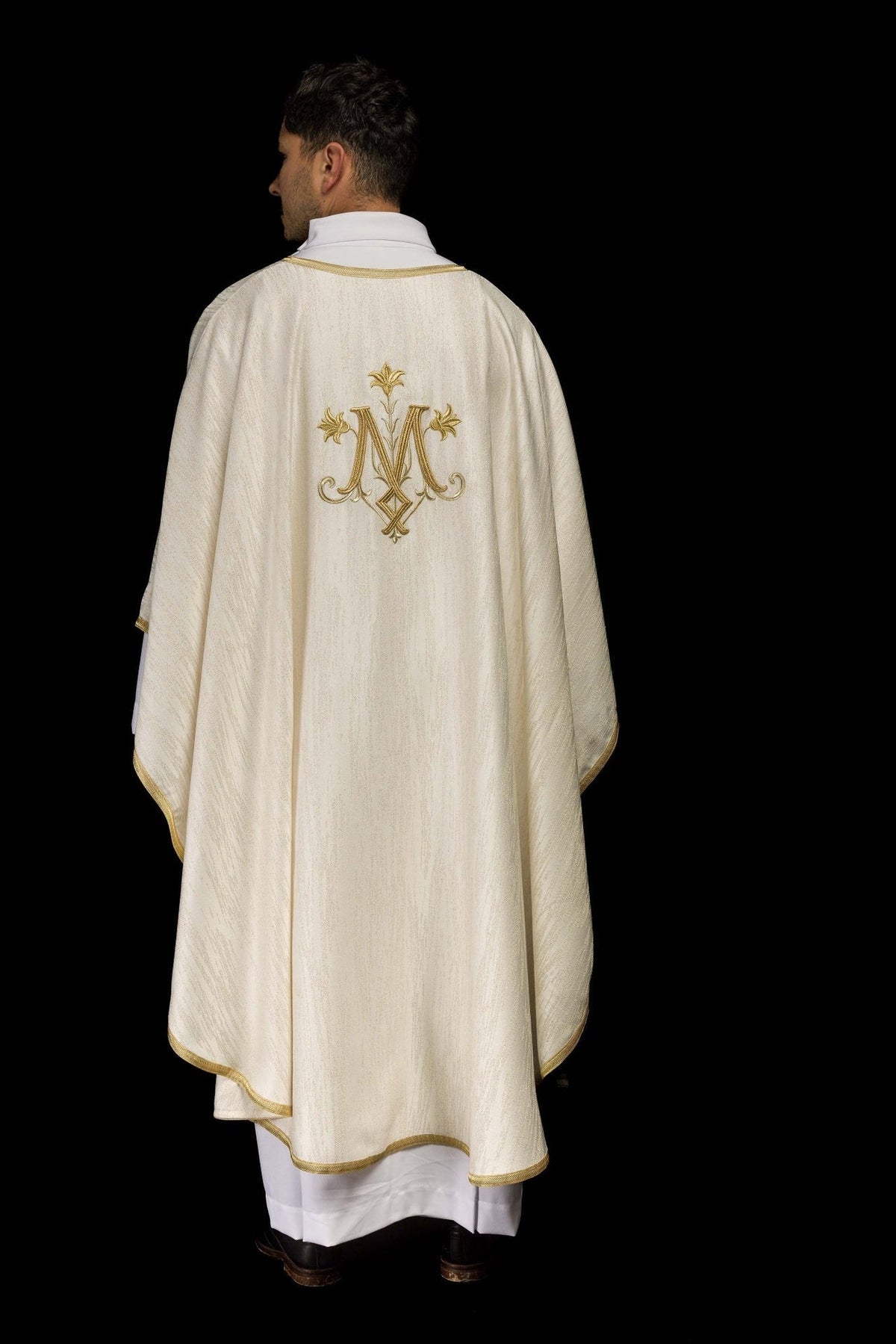Ecru Marian motif chasuble, full back view with gold trim
