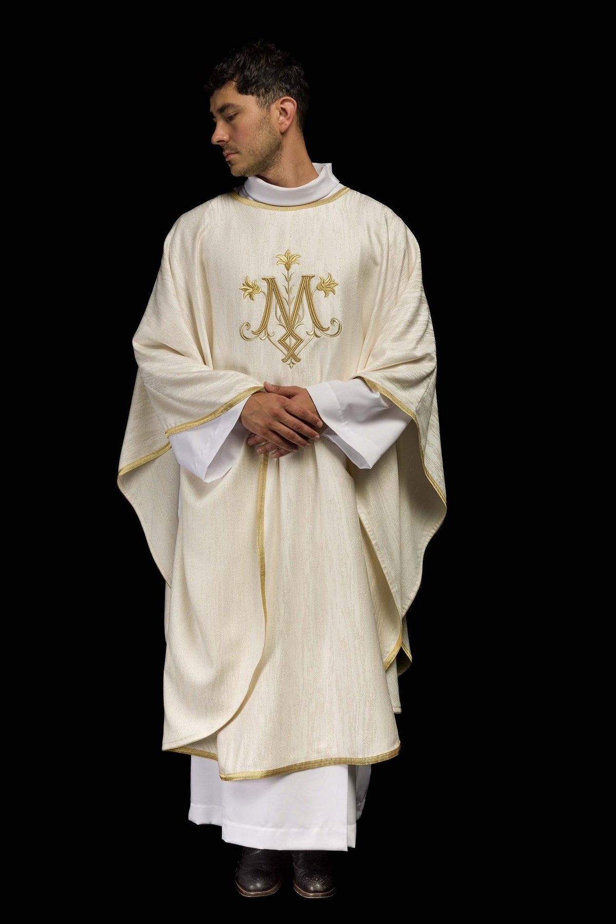 Ecru Marian motif chasuble, front view with gold trim and embroidery